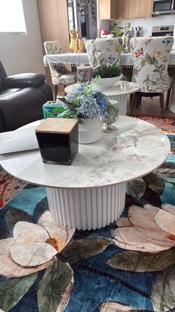 Round Marble Top Coffee Table White Fluted Base