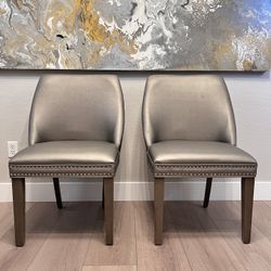Pair of Pewter Silver Parson Chairs w/ Silver Nailhead Trim & Solid Wood Legs