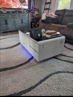 Smart Coffee Table with LED Lights and Outlets, refrigerator and sound bar
