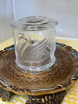 Vintage Embossed Swans & Cattails Clear Glass Trinket Jar 4.5" x 4.25" Excellent