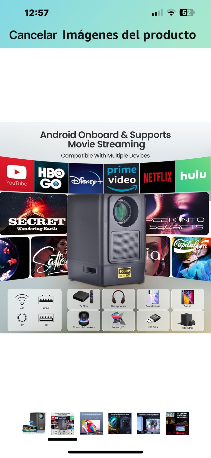 Proyector Bluetooth y WIFI] Versión Pro Proyector Premium HDR 5G AAXA Lp Reflejo inalámbrico iPhone Android Streaming App Store, altavoces de 