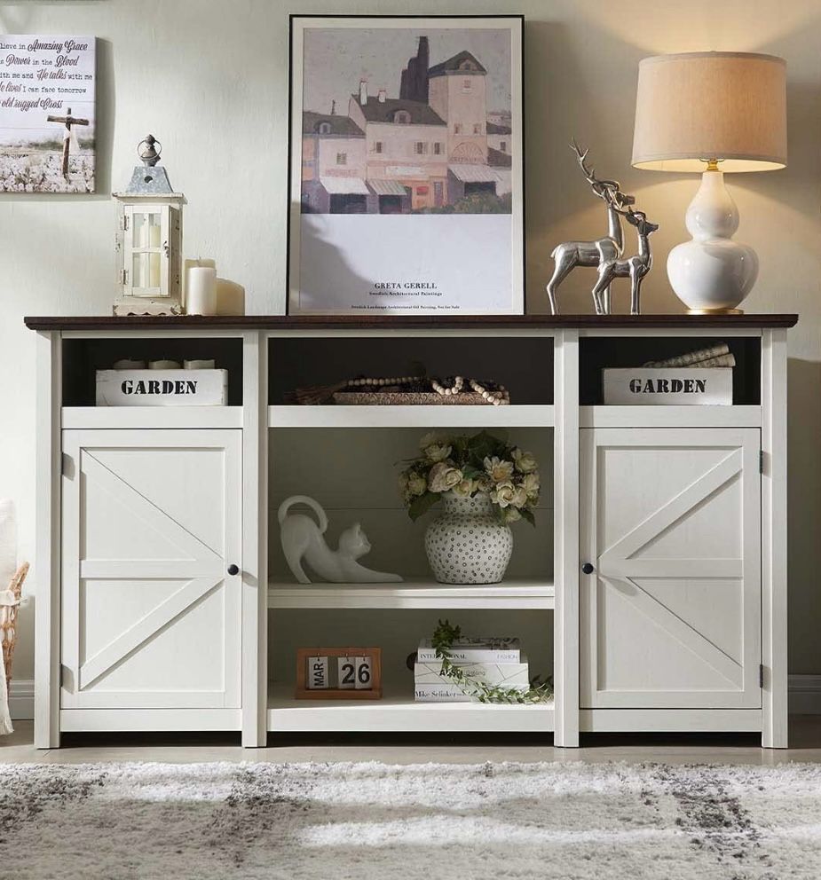 Farmhouse TV Stand for TVs Up to 80 inches, 39" Tall Entertainment Center w/Barn Door, Large Wood Rustic TV Console Cabinet w/Adjustable Shelv