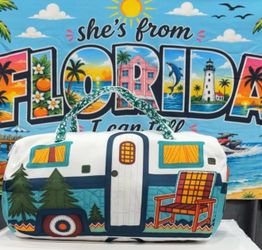 Blue & White vintage travel trailer RV quilted duffle bag new