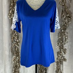 Amazon Blue Lace Sleeve V-Neck Top – Medium, Elegant & Feminine