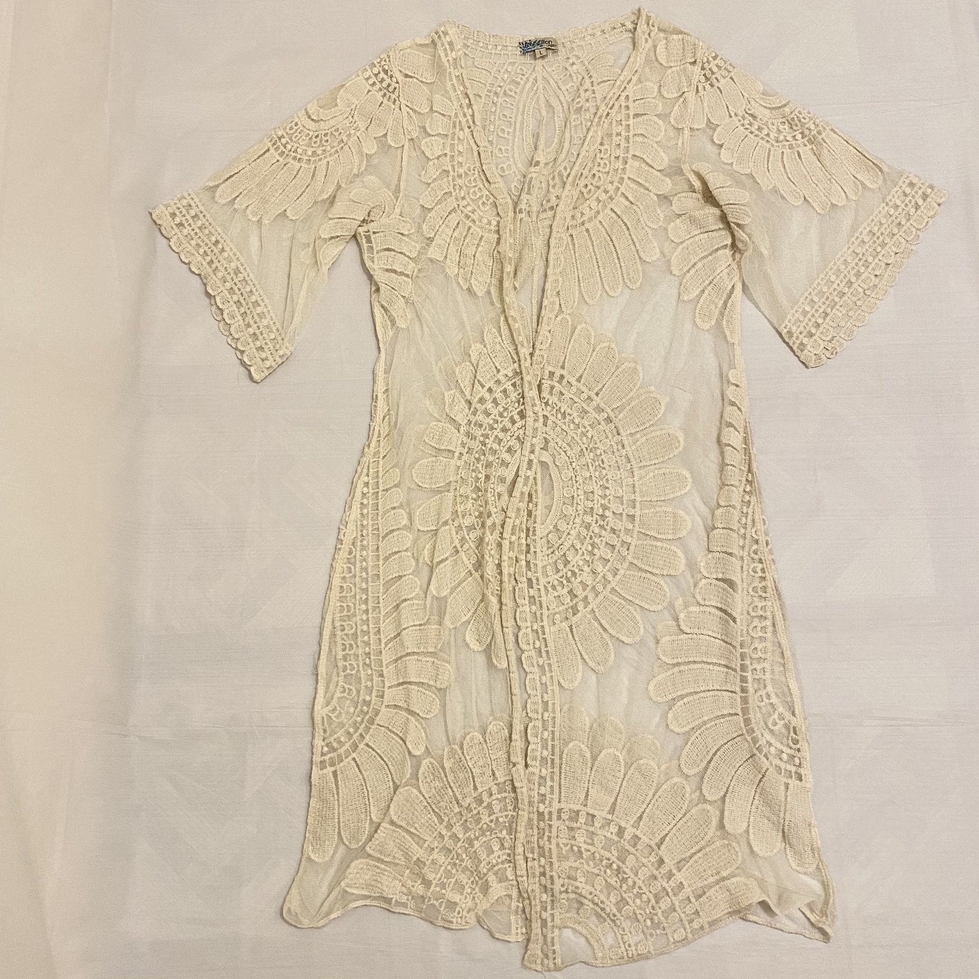 Rebellion Again Cover Up Cardigan Lace Open Front Mesh Cream Women’s Size L