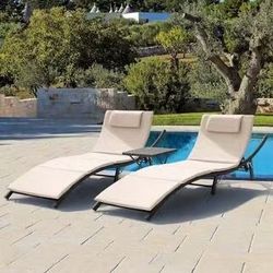 3 Pieces Lounge Chair with Beige Cushion (Set of 2)