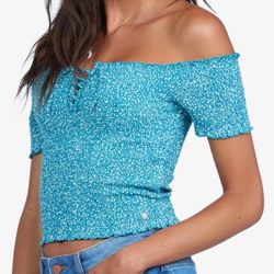 Roxy Off Shoulder Smocked Blue Top – Size Small