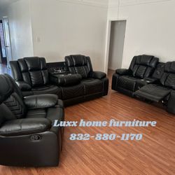 Brand New Ace Black - 3PC Reclining Set Sofa Drop Down Table w/ 2 Cup-Holders & Power Outlets Bluetooth Subwoofer Speaker in Loveseat 