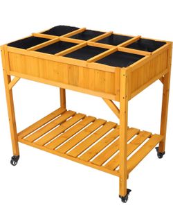 Assembled New 8 Pocket Herb Garden Bed Mobile Raised Customizable Wood Planter