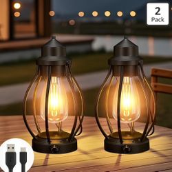 pearlstar Rechargeable Camping Lanterns 2 Pack Black Portable LED Decorative Lamps Outdoor Indoor Battery Operated/USB-C Charge, Dimming Edison Blub l