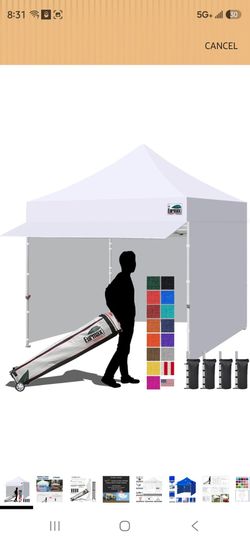 Eurmax USA 10x10 Pop Up Canopy,Commercial Tent with Patented No-Tip Rolling Bag,30sqft Extension Awning & 4 Zippered Removable Walls,UV & Water Resist