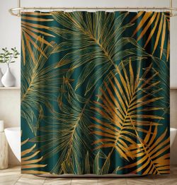 Leaves Shower Curtain Gold Tropical Jungle Leaves Abstract Asthetic Dark Green Art Print Waterproof Bath Curtain for Bathroom Decor with 12 Hooks 66x7