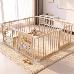 Foldable Wooden Playpen, Natural Wood Baby Playpen with Adjustable Size and Shape, Portable Includes 2 Game Boards, 10+ Toy Set, Suitable for Indoor U