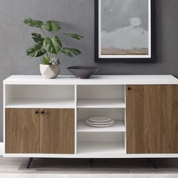 Desert Fields Tatum Mid-Century Modern A-Symmetrical 3-Door Sideboard, White/English Oak