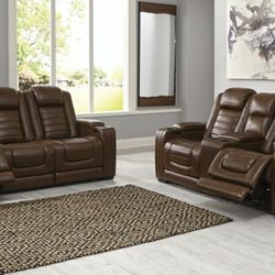 [EXCLUSIVE] Backtrack Chocolate Leather Power Reclining Living Room Set

