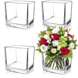 Set of 4 Square Glass Vases 5x5x5 Inch, Clear Cube Flower Vases for Wedding Centerpieces, Candle Holders for Home Party Decoration,