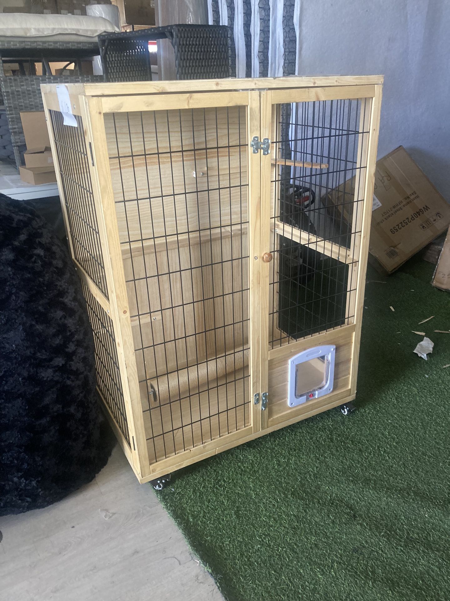 Wooden Cat House Large Space Cat Cage with Scratching Post and Lockable Wheels Double Layer Cat House with Escape Door Outdoor/Indoor
