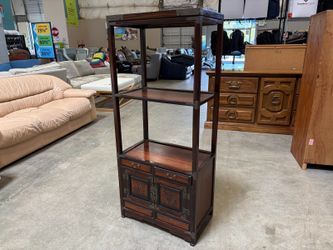Antique Korean Dark Finished 3 Tier Etagere Bookcase with Carved Door Front Cabinet
