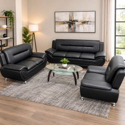 Black Faux Leather Sofa Set – 3 Piece