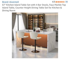 67" Kitchen Island Table Set with 4 Bar Stools, Faux Marble Top Island Table, Counter Height Dining Table Set for Kitchen & Dining Room