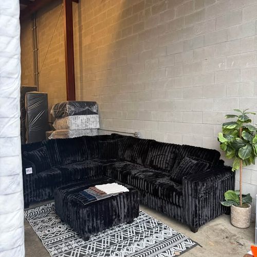 Viral Fluffy Black Corduroy Sectional + FREE Ottoman — Ultra Cozy & Stylish