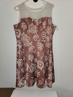 Trixxi Embroidered Floral Muave and Cream Fitn Flare Dress with Mesh Princess Neckline Neckline 3X