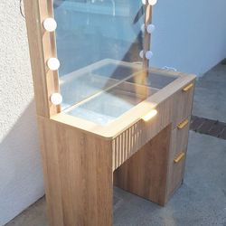36.2" W Modern vanity desk with 4 drawers, led lighted mirror & Power Outlets, Natural. 

Brand new