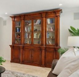 Large Traditional Antique Italian Wood Library Bookcase with Glass Doors