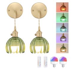 Shenmoyl 2 Set Battery Operated Wall Sconce with Green Tulip Shade Pattern Glass Adjustable Chain Retro Gold Wall Mounted Light, Modern Wall Decor for