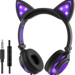 Kids Headphones with Light up cat Ears On Ear LED Kitty Headphones with Mic for Kids Boys Girls Children Wired Headset for School Learning Tablet (Pur