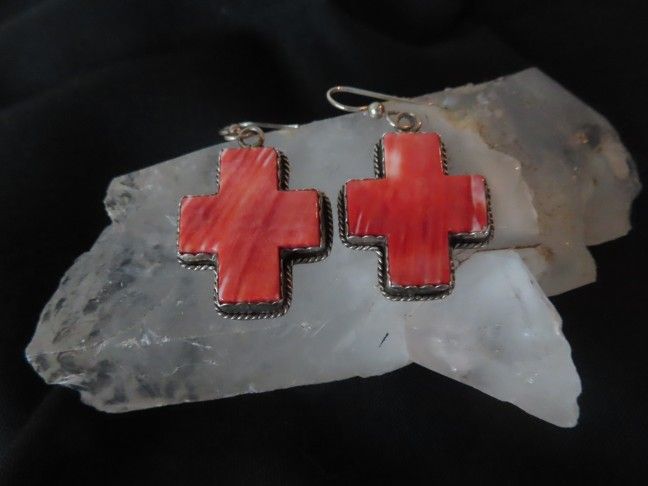 Joan Slifka Sterling Silver Spiny Oyster Cross Earrings Signed