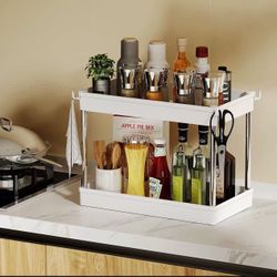 Under Sink Organizer and Storage, 2-Tier Under Bathroom Sink Storage Organizer Bath Collection Basket with 4 Hooks,Under Sink Shelf Organizer Rack,Mul