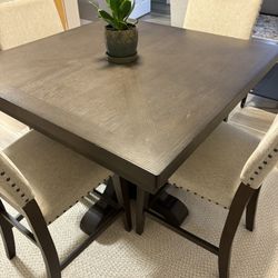 36” Counter Height Table with 4 Chairs. Distressed, Espresso Finish and Nailhead Trim On Chairs