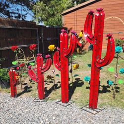 Red Metal Sagurao Cactus, Yard Art, Garden Decor 