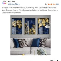 3 Pieces Picture Set Nordic Luxury Navy Blue Gold 