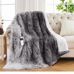 Electric Blanket with Faux Fur & Sherpa Fleece Heated Throw for Bed - Warming Plush Heating Blanket with 5 Options Auto Off & 10 Heating Levels - 50” 