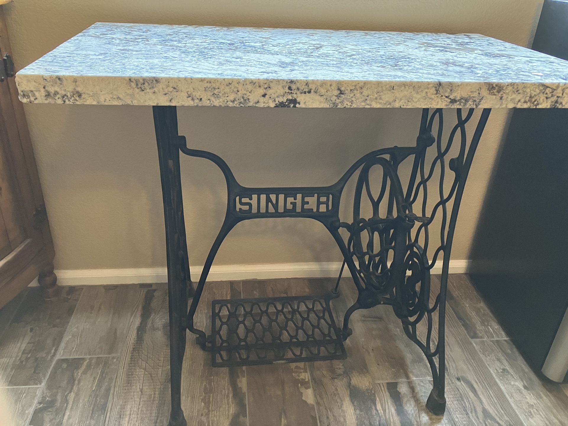Table Antique Singer Frame W/Granite Top