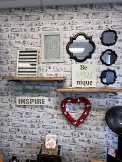 wood signs, mirrors, shelves