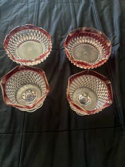 Vintage Indiana Glass Diamond Point Clear & Ruby Red Flash Trim Ruffled Bowls Set of 4 MCM