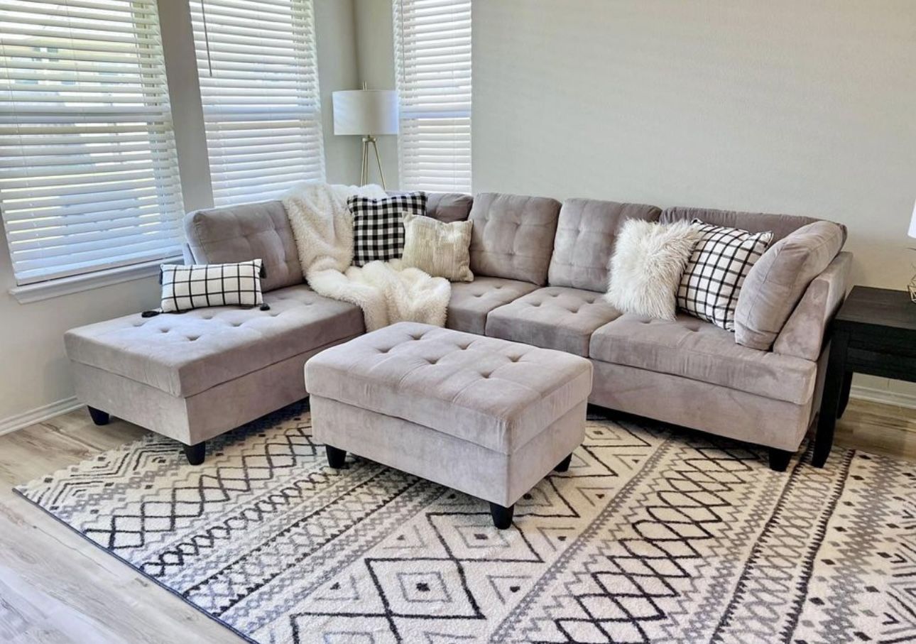 COSTCO Gray Chenille Sectional Couch And Ottoman