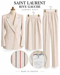 VTG Saint Laurent Rive Gauche Pinstripe Woot 3-Piece Suit Set Jacket Skirt Pants