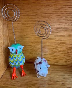 Cute Hand-Blown Glass Owl and Piggy Photo/Note Holders