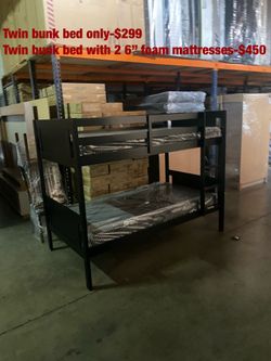 Twin bunk bed. Comes in espresso, grey, & white. Assembly required. Assembly not included. Taxes included. Free delivery.  Bunk bed only-$299 Bunk bed