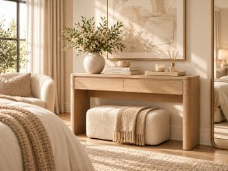 Console Table with 2 Drawers, Narrow Entryway Sofa Table with Rounded Corners for Living Room, Entrance, Foyer, Natural Oak