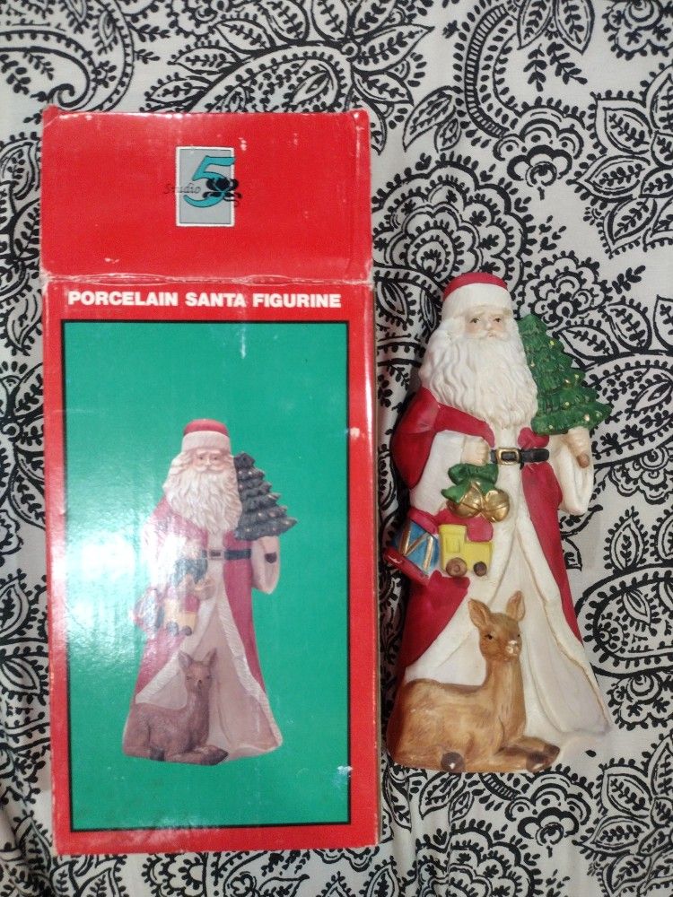 Vintage Santa Claus Gifts Tree Deer Flat Figurine Christmas Holiday Ceramic
