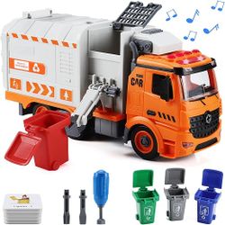 Garbage Truck Toys for Boys, DIY Friction Powered Recycling Truck Toy Set with 4 Trash Cans, Light & Sound