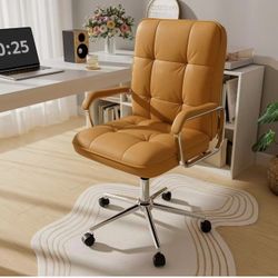 New assembled Brown Office Chair, Mid Back Leather Desk Chair with Wheels and Padded Arms, Swivel Vanity Chair for Bedroom, Computer Chair for Study a