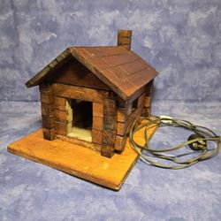 Primitive Homemade Wood Cabin With Interior Light