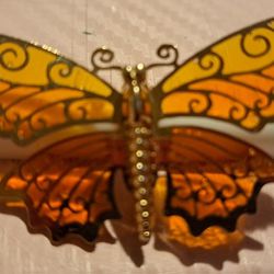 Vintage AVON Butterfly Pin. Amber Translucent Wings, Gold Tone.
