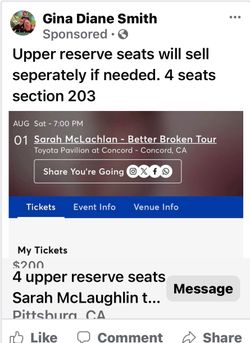4 Sara McLaughlin tickets Toyota pavilion